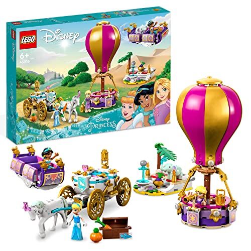 Lego Disney Princess Il Viaggio Incantato della Principessa con Mini Bamboline Cenerentola, Jasmine e Rapunzel, Cavallo e Carrozza Giocattolo, Tappeto Volante, Mongolfiera, Regalo per Bambini