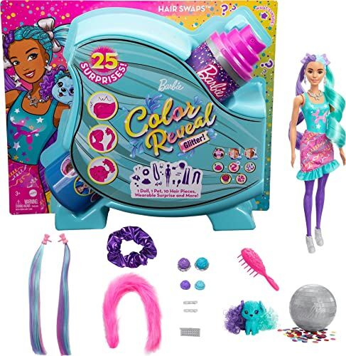 Barbie - Color Reveal Glitter, Bambola con Glitter Viola con 25 Sorprese e Tanti Accessori per Acconciature Capelli e a Tema Festa, Giocattolo per Bambini 3+Anni,