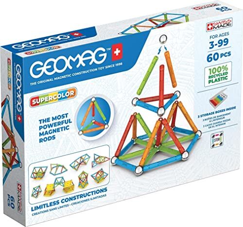 Geomag SUPERCOLOR 60 Pezzi 100% Plastica Riciclata Costruzioni Magnetiche per Bambini dai 3 Anni Prodotto in Svizzera Blocchi di Costruzione con 28 Tondini, 28 Perline, 4 Basi STEM