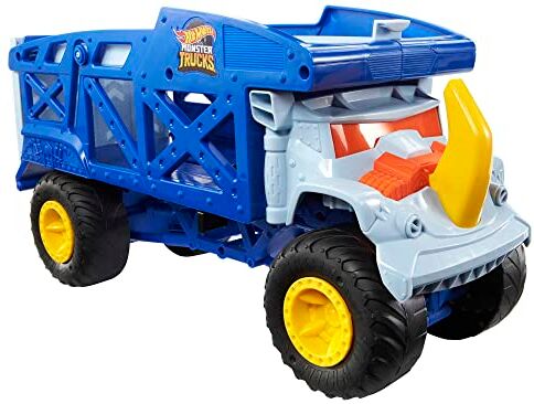 Hot Wheels Monster Trucks Rino-Trasportatore di auto giocattolo, può contenere 12 Monster Trucks in scala 1:64, con rampa di lancio, Giocattolo per Bambini 3+ Anni,