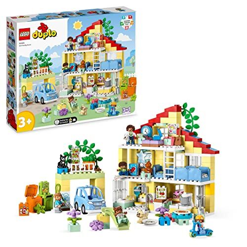 Lego DUPLO Casetta 3 in 1, Casa delle Bambole in Mattoncini con Auto Push-and-Go, Giochi per Bambini e Bambine dai 3 Anni in su con 5 Figure, 2 Animali e Lampada Luminosa