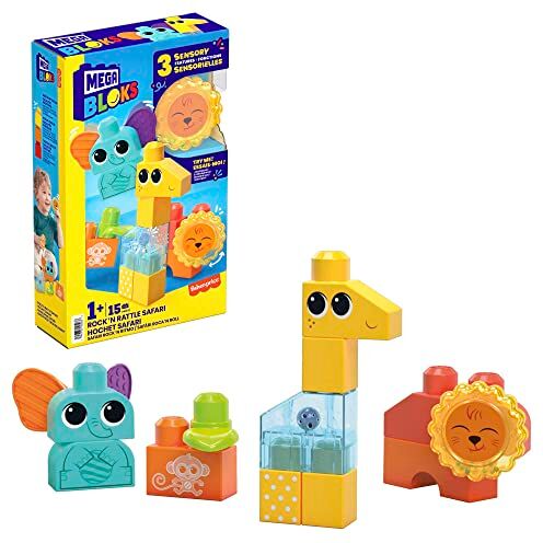 Mega Bloks Safari 15 Mattoncini Sensoriali (Leone, Giraffa ed Elefante), Giocattolo +1 Anno (Mattel )