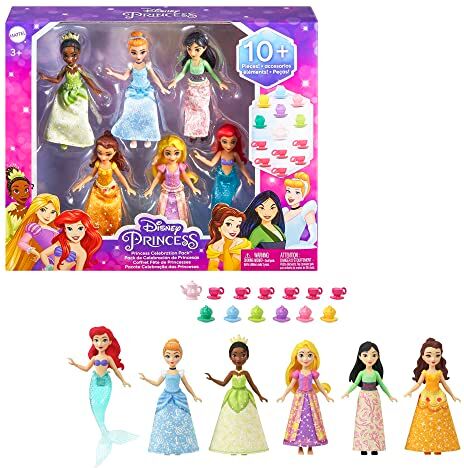 Mattel Disney Princess Set Principesse Festa a Palazzo, 6 piccole bambole snodate con abiti scintillanti e 13 accessori per l'ora del tè, Giocattolo per Bambini 3+ Anni,