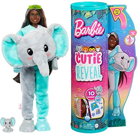 Barbie Bambola  Cutie Reveal Elefante, Serie Amici della giungla, con costume da elefante, di peluche e 10 sorprese con tecnologia cambia colore, Giocattolo per Bambini 3+ Anni,