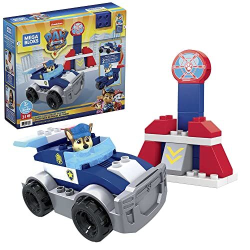 MEGA Mattel Games, Bloks PAW Patrol Chase's City Police Cruiser, 1 Poseable Chase Figure, 30 Mini Building Blocks, ​Building Toys for Toddlers, Ages 3+, ,