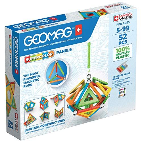 Geomag SUPERCOLOR PANELS 52 Pezzi -Costruzioni Magnetiche per Bambini dai 5 Anni Produzione Svizzera -100% Plastica Riciclata Blocchi di Costruzione con 16 Barre,16 Sfere, 20 Piastrelle STEM