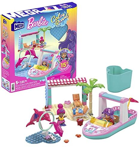 Mega Barbie Color Reveal Amici Delfini, Set di Costruzioni con Oltre 10 Sorprese, 2 Mini Bambole e 2 Delfini, Set Regalo, Giocattolo per Bambini 5+ Anni,