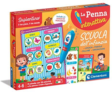 Clementoni - Sapientino-Scuola Dell'Infanzia-Parole, Logica E Prime Operazioni-Quiz, Schede attività e Penna Interattiva Parlante, Gioco Educativo 4 Anni-Made in Italy, Colore Italiano,