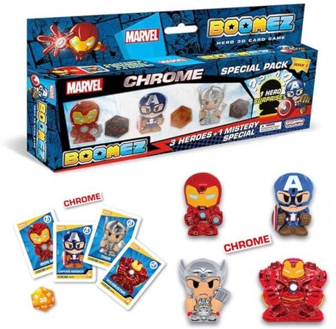 #sbabam Cicaboom, Marvel Boomez Chrome, Supereroi Marvel Personaggi Cromati di Iron Man Thor Capitan America e Hulkbuster, Giochi per Bambini da Edicola, Personaggi Marvel con Dadi e Carte da Gioco, 4 Pezzi