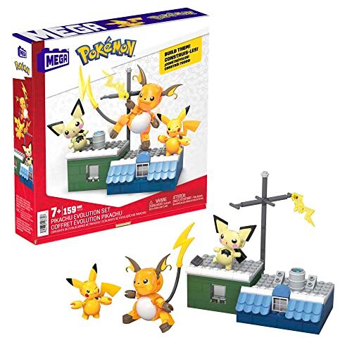 MEGA Pokémon Set Evoluzione di Pikachu, Set da Costruire con 159 Pezzi e i 3 Personaggi Pichu, Pikachu e Raichu Inclusi, Giocattolo per Bambini, 7+ Anni,