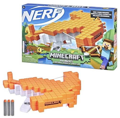 Hasbro Nerf Minecraft, balestra lancia-dardi Pillager's Crossbow, funziona come una vera balestra, include 3 dardi originali Nerf Elite