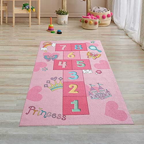 Teppich-Traum Tappeto per bambini a tema La Campana/Gioco di Rimbalzo con Farfalle e Cuori in rosa, 80 x 150 cm