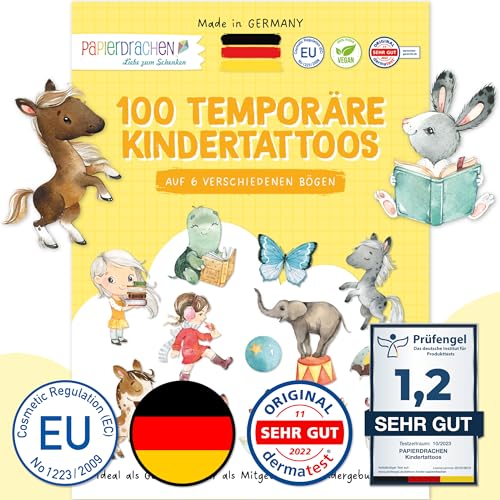 PaPIerDraCHeN 100 tatuaggi per bambini particolarmente delicati sulla pelle, per bambini – come regalo di compleanno o idea regalo – 100% vegano, testati e realizzati in Germania – Set 22