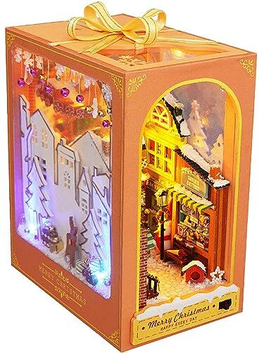 ELZEM DIY Book Nook Kit -Casetta Di Natale Kit per casa Delle Bambole In Miniatura 3D, Arredato con Mobili In Legno e Luci a Led Fatto a Mano Kit Di Costruzione Di Modelli per Feste Di Natale