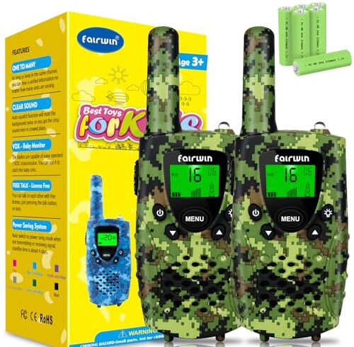 Fairwin Walkie-Talkie Bambini, Regalo Bambino 3 4 5 6 7 8 Anni Maschio, Walkie Talkie Ricaricabili 8 Canali Display LCD VOX Funzione con Torcia 4KM Giochi Bambini 3-12 Anni (Verde Camo)