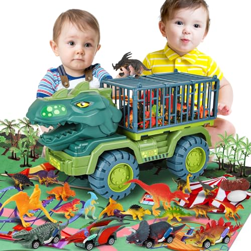 MewVeer Giocattoli Camion Dinosauri, Trasportatore di Auto Tyrannosaurus con 15 Figure di Dino, 4 Carri Dinosauri, Tappeto da Gioco Attività, Uova di Dinosauro, Set di Auto Dino Ideale per Bambini