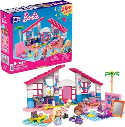 Mega Barbie Casa di Malibu con Le 2 Micro-Bambole Barbie, Un Adorabile Cucciolo e Tanti Accessori, Set da Costruzione, Giocattolo per Bambini 5+ Anni,