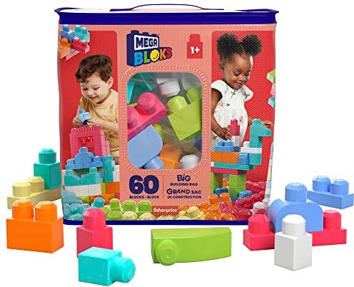 Mega BLOKS Grande Borsa da Set da costruzione con 60 grandi mattoncini colorati e 1 custodia, set regalo giocattolo per bambini da 1 anno in su.