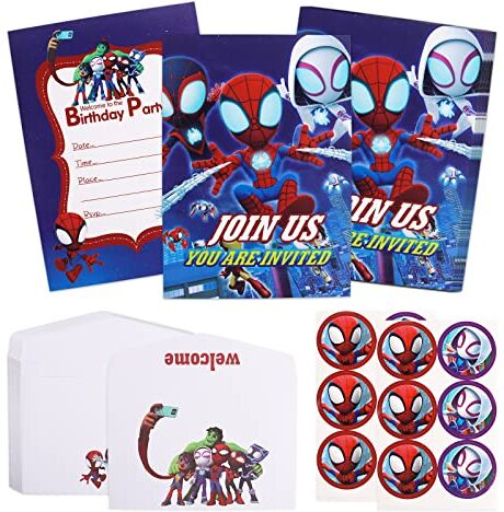 Yisscen 36PCS Biglietti d'invito a Spider-Man compleanno bambini, Biglietti d'invito compleanno bambini con buste Inviti di compleanno Inviti per feste per bambini, ragazze e ragazzi