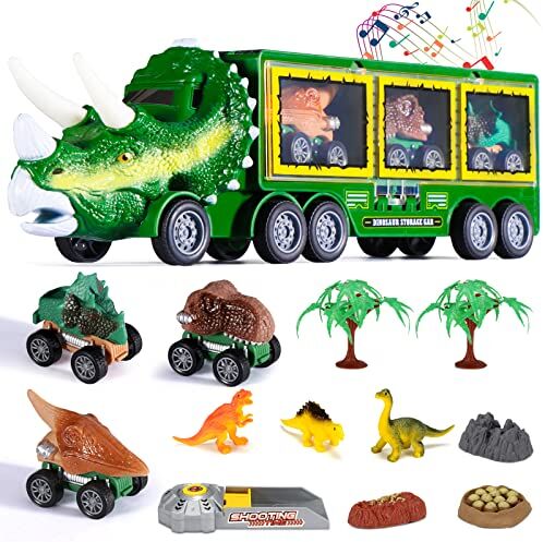 Oderra Dinosauri Camion Giocattolo con 6 mini dinosauri, Dinosauro Macchinine Giocattolo con luci, regalo di compleanno per bambini e bambine, Verde