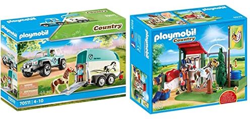 Playmobil Country 70511 Fuoristrada con rimorchio Gioco, Multicolore, & Country 6929 Area di Cura dei Cavalli con Pompa d'Acqua Funzionante, dai 4 Anni