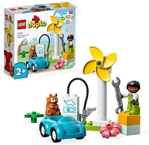 Lego DUPLO Town Turbina Eolica e Auto Elettrica, Macchina Giocattolo, Giochi Educativi per Bambini dai 2 Anni, Set di Giocattoli per una Vita Sostenibile