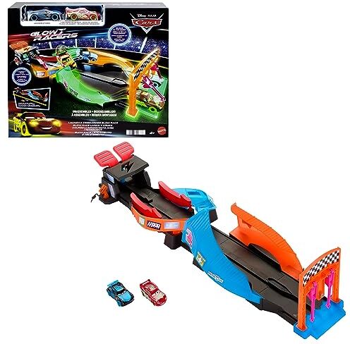 Mattel Disney Pixar CARS Pista Fluo Incrociata, playset con pista e due macchinine che brillano al buio, include Saetta McQueen e Jackson Storm, giocattolo per bambini, 4+ anni,