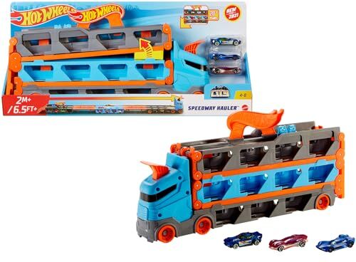 Hot Wheels Camion Trasportatore 2 in 1, Trasportatore e Pista con 3 Auto in Scala 1:64 per Bambini da 4 a 8 Anni, , Imballaggio Sostenibile