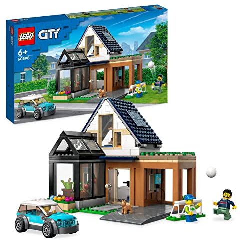 Lego City Villetta Familiare e Auto Elettrica, Modular Building Set Casa delle Bambole con Macchina Giocattolo, Minifigure e Cucciolo, Giochi per Bambini e Bambine da 6 Anni