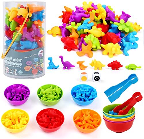 BBLIKE Montessori Toys 58 Pezzi Dinosauro Conteggio Montessori Giocattoli di Matematica con Ciotola, Dadi, pinzette, ordinamento Giocattoli per Bambini 3 4 5+ Anni