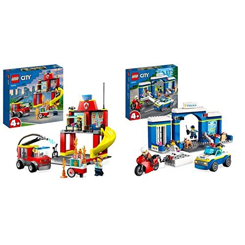 Lego 60375 City Fire Caserma dei Pompieri e Autopompa con Camion Giocattolo dei Vigili del Fuoco & 60370 City Inseguimento alla Stazione di Polizia con Macchina e Moto Giocattolo, Prigione