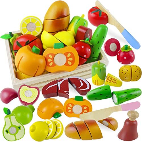 Beberolen Cucina Giocattolo per Bambini Bambino, Giochi Accessori Cibo Cucina, Frutta Verdura Tagliare Legno, Giocattolo Educativo Montessori, Regalo Compleanno Pasqua Halloween Natale Ragazzo Ragazza