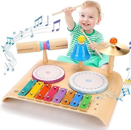 Sweet time Tamburo Giocattoli Bambino, Strumenti musicali giocattolo per Bambini, 6 in 1 Giocattolo di Musica Giocattolo in Legno Giocattoli Educativi Regali di Natale per Ragazzi e Ragazze 1 2 3 Anno