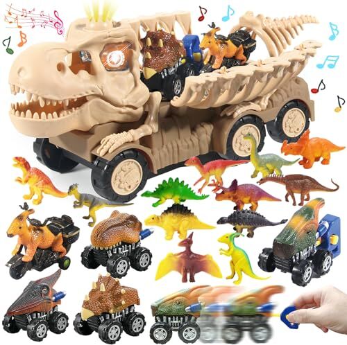 TEUVO Dinosauri Camion Giocattolo per Bambini Camion Dinosauro Giochi Giocattolo Dinosauri Scheletro con LED e Suono, 5 Dino Auto & 12 Figure di Dinosauro Gioco Natale Regali Bambino 3 4 5 6 7 8 Anni