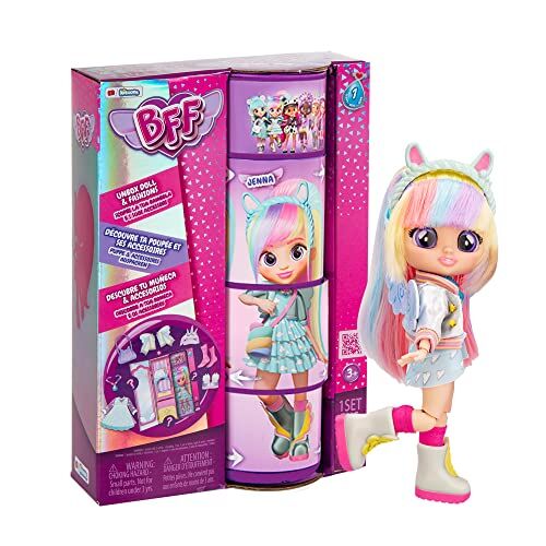 BFF BY CRY BABIES Jenna, Bambola alla moda da Collezione con Capelli Lunghi, Vestitini in Tessuto e 9 Accessori, Giocattolo per Bambini e Bambine +5 Anni