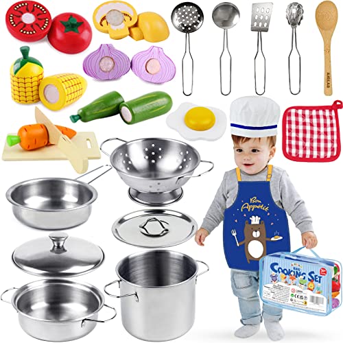 Airlab Giocattoli Legno Frutta Verdura, Utensili Cucina Accessori Dinette Bambini, Gioco Mercante Chef con Grembiule, Regalo Compleanno Pasqua Halloween Natale Educativo Montessori Ragazze Ragazzi