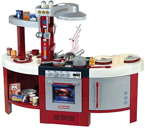 Klein Theo   Cucina Gourmet International Miele con piastra e modulo sonoro a batterie, forno, lavastoviglie e molto altro, Dimensioni: 120 x 43 x 95 cm, Giocattolo per bambini a partire dai 3 anni