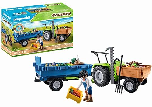 Playmobil Country  Trattore con rimorchio, incl. cassete per il trasporto, trattore verde per la fattoria biologica, giocattolo sostenibile per bambini dai 4 anni in su