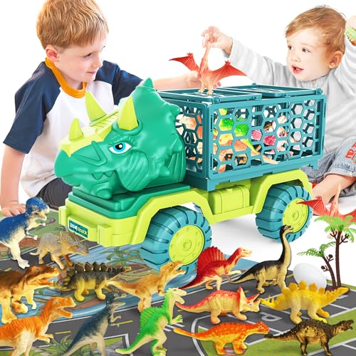 DQMOON Dinosauri Camion Giocattolo Macchinine per Bambini, Triceratopo Giochi con Tappeto, Regalo 3 4 5 6 7 8 Anni