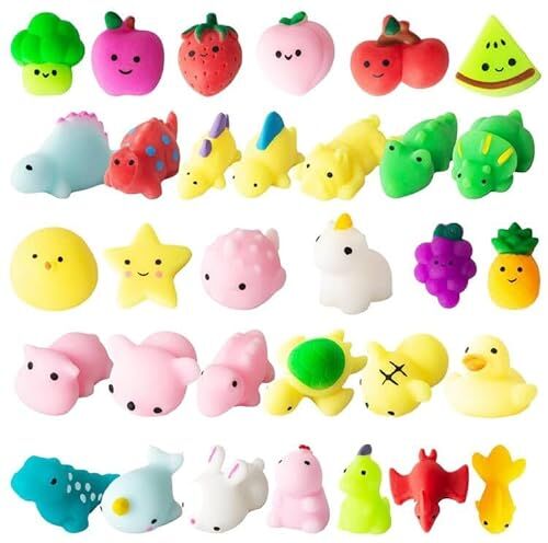 JUAUO 32 Pezzi Antistress Squishy Fidget Toys Kawaii Animale Frutta Dinosauro Giocattoli Sensoriali Morbido Squishy Cute Spremere Regalini Fine Festa Compleanno Gadget Compleanno Bambini