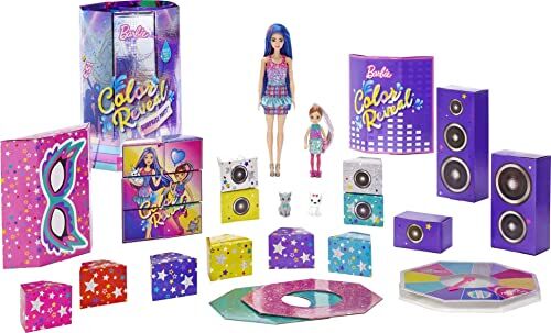 Barbie Color Reveal Festa a Sorpresa​ con Bambola Bambola Chelsea e 2 Cuccioli Color Reveal, Oltre 50 Accessori a Tema Festa da Ballo, Giocattolo per Bambini 3+Anni,