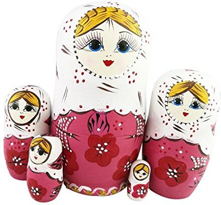 Winterworm Set di 5 bambole matrioska rosso fiore rosa matrioska russo nidificante giocattolo in legno impilabile regalo fatto a mano bambole folk bambini regalo divertente regali per la camera dei decorazione