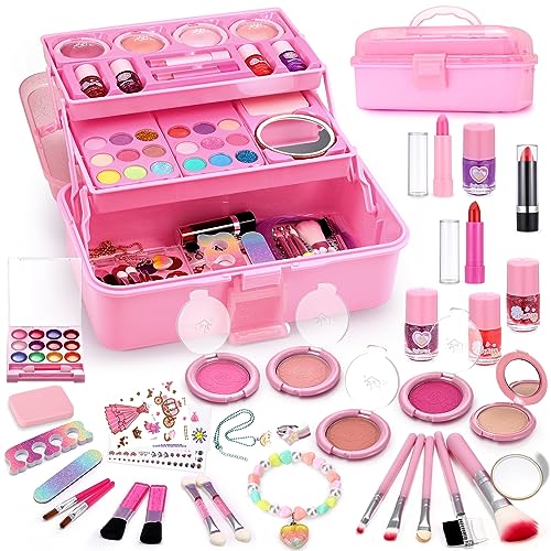 Anpro Trucchi Bambina Set,  68 Pezzi Sicuro e Lavabile Valigetta Trucchi Bambina Anallergici, Principessa Compleanno regalo bambina 4 5 6 7 8 9 anni (Rosa)