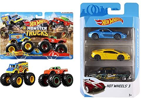 Hot Wheels Mattel FYJ64 Modellino di Monster Truck Duos, Modelli assortiti, 1 pezzo & 3 macchinine assortite