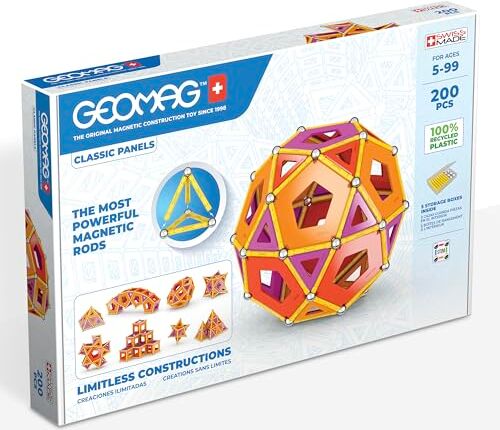 Geomag CLASSIC PANELS 200 Pezzi Costruzioni Magnetiche per Bambini da 5 Anni in Su 100% Plastica Riciclata 64 Barrette, 56 Sfere, 80 Mattoncini da Costruzione STEM Prodotto in Svizzera