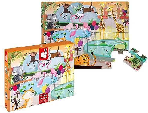 Janod Puzzle tattile Bambini 20 Pezzi “Una giornata allo zoo” 7 Pezzi in Tessuto Gioco Educativo e Sensoriale Tattile, Sviluppo Motricità fine e Concentrazione Da 2 anni in Su,