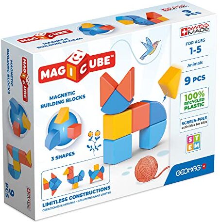 Geomag Magicube 1+ Shapes-Magnetic Blocks for Kids,Red, Orange and Blue, 9 Pieces