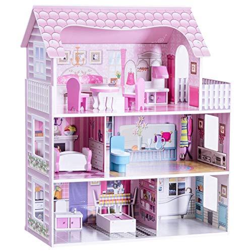 COSTWAY Casa delle Bambole in Legno per Bambina Giocattolo dei Bambini 3 Piani con Mobili e Accessori