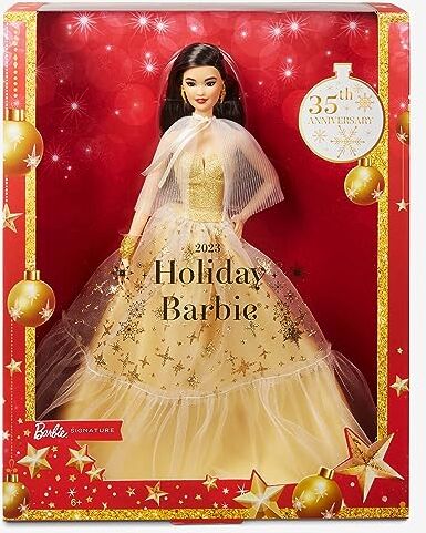 Barbie Signature  Magia delle Feste 2023, bambola da collezione con capelli lisci neri e abito dorato, confezione da esporre, regalo per le feste, giocattolo per bambini, 6+ anni,