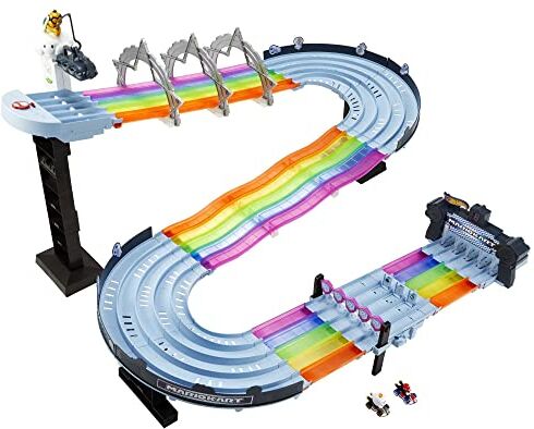 Hot Wheels Mario Kart Pista Arcobaleno, playset di oltre 2 metri con luci e suoni, include 2 veicoli in scala 1:64 e 5 pezzi di pista, tracciato colorato, giocattolo per bambini, 4+ anni,